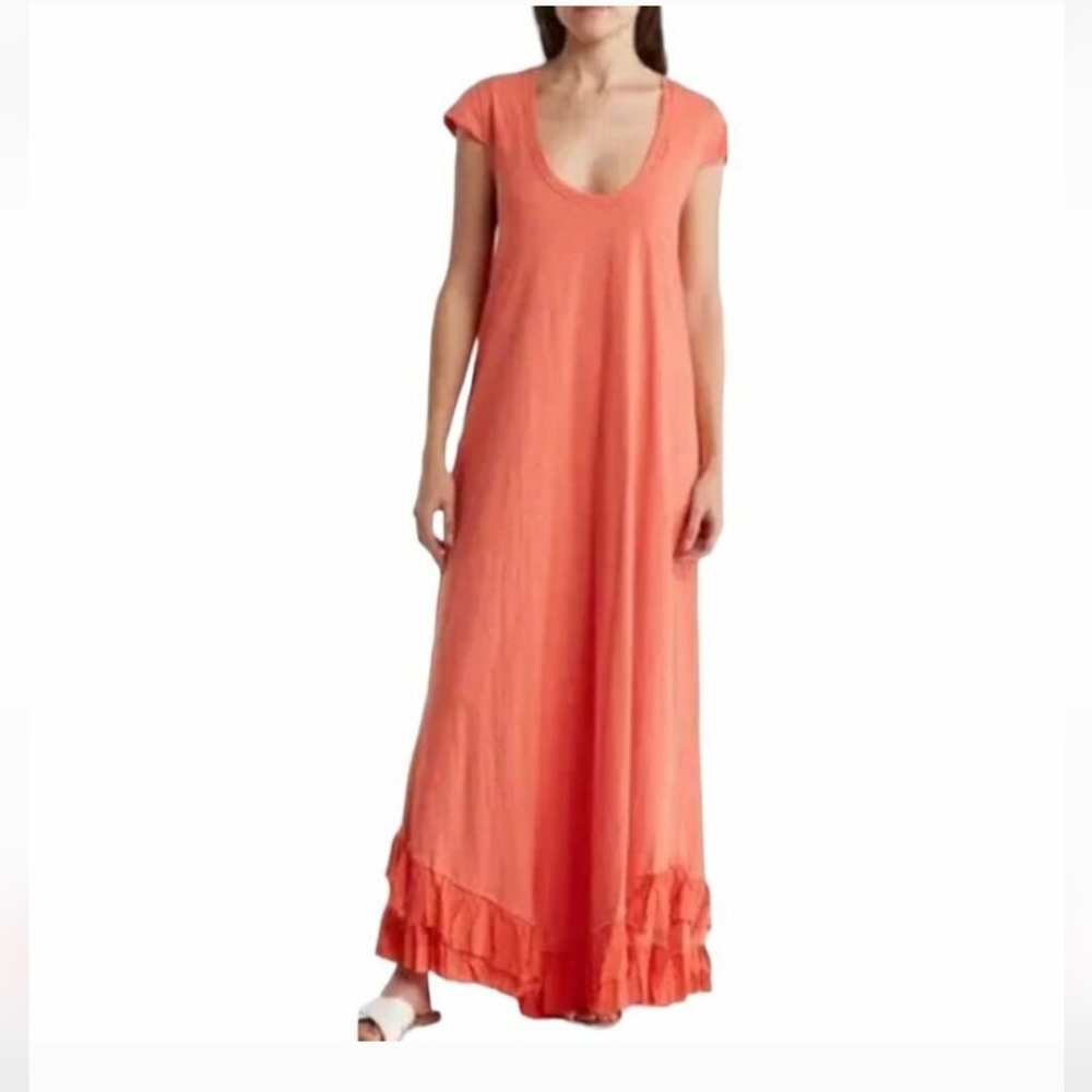 NEW! Area Stars Cotton Ruffle Trim Maxi Dress in Coral Tangerine Size XS